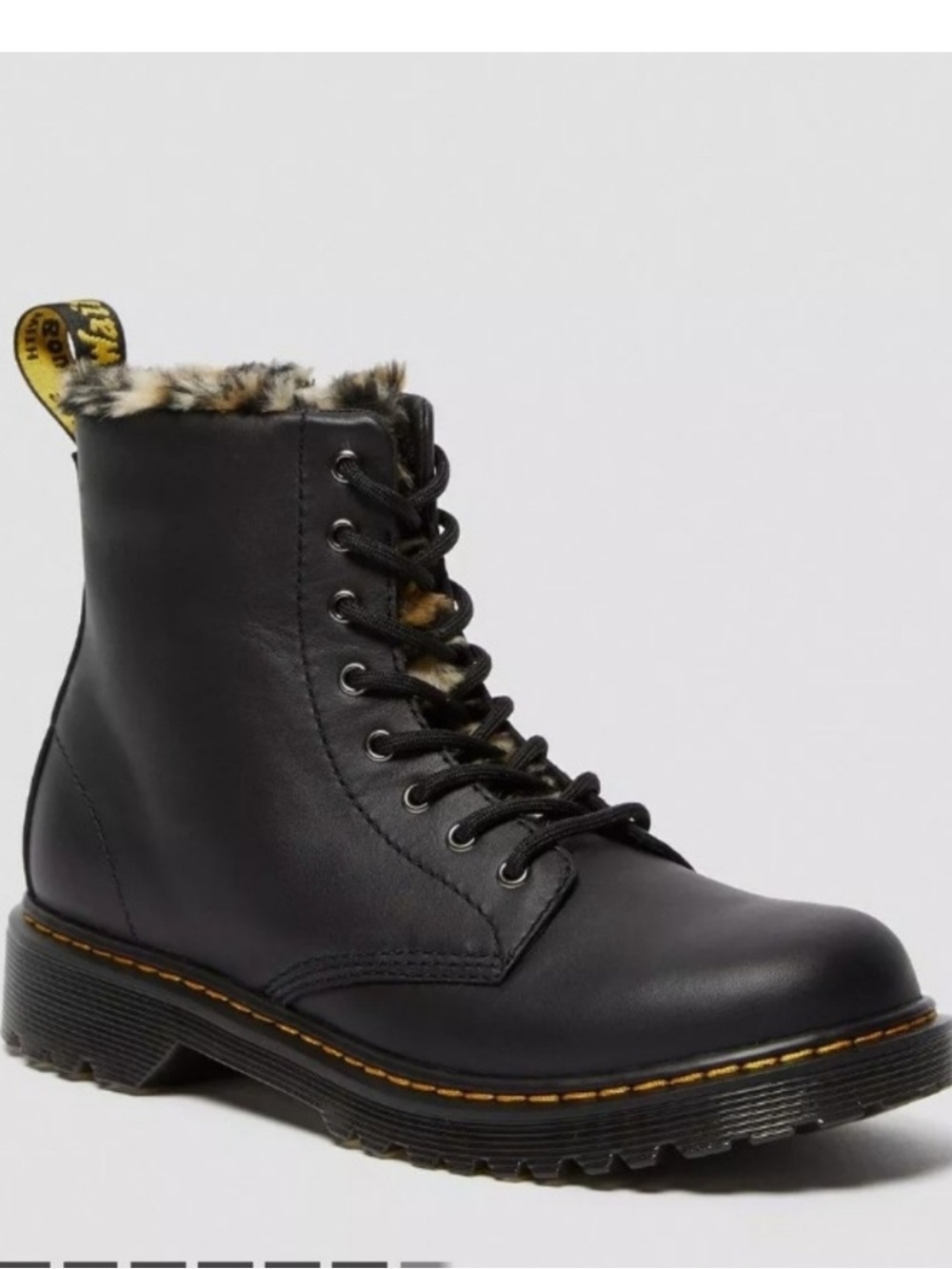 Dr. Martens Serena Black Leather Combat Boots w/ Faux Fur Lining Kids US 1